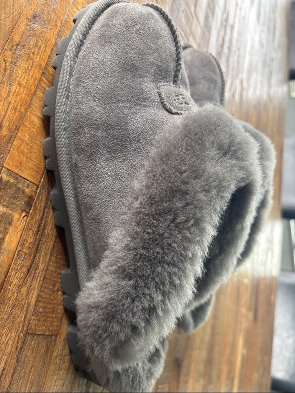 UGG Women’s Gray Sheepskin Slip-On Clog Slippers - Picture 3 of 5